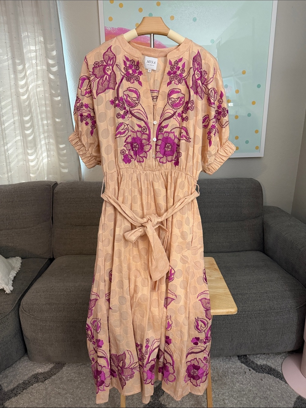 Misa Los Angeles Peach Dress with Fuchsia Floral Embroidery